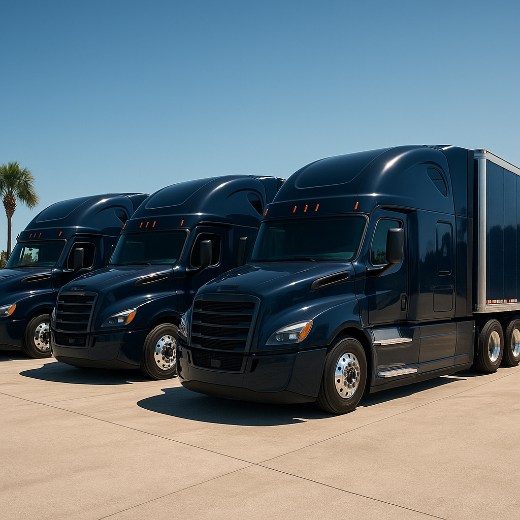 DEL Logistics fleet of semi-trucks in Miami yard