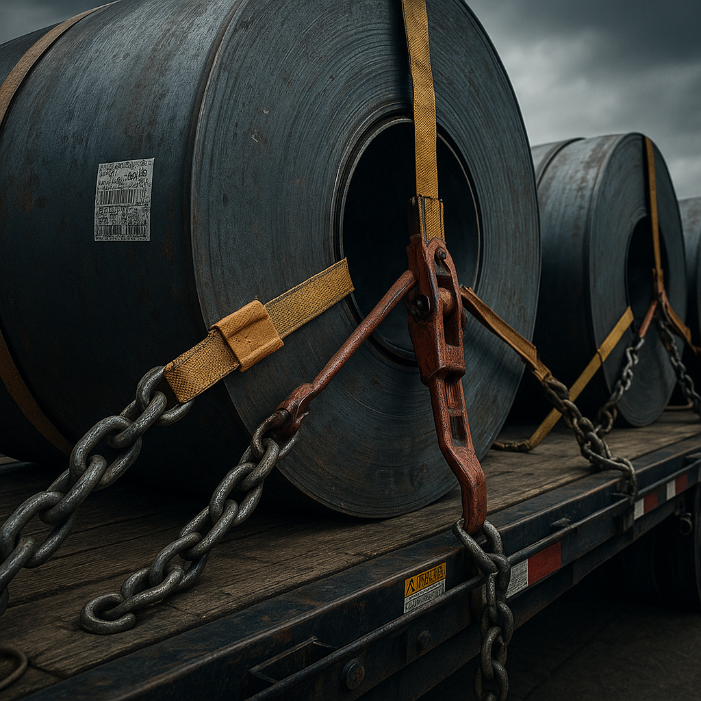 Steel coils secured on flatbed for transport